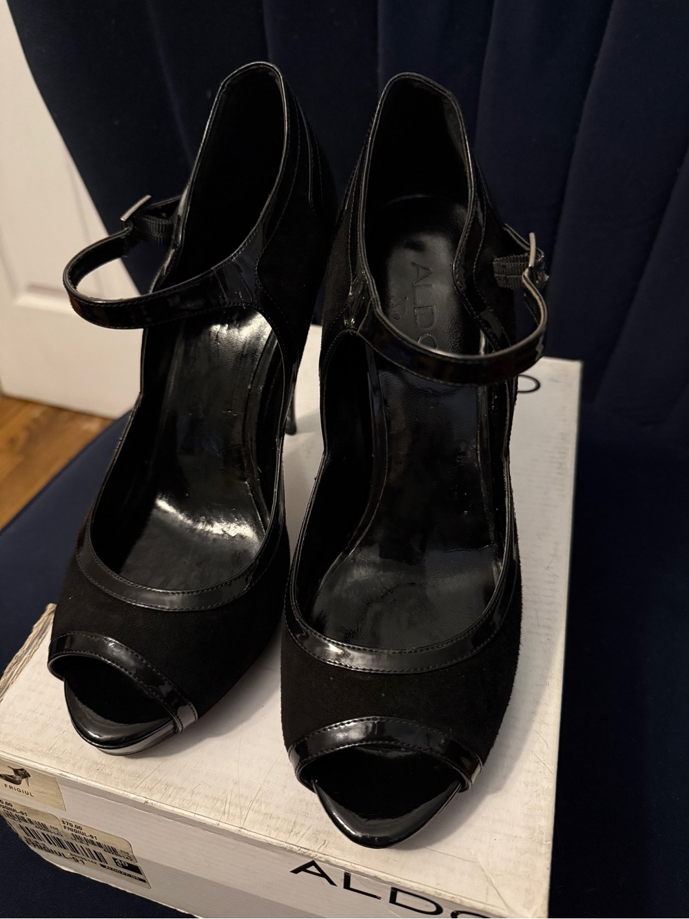 ALDO Black Peep-Toe Mary Jane Heels with Ankle Strap